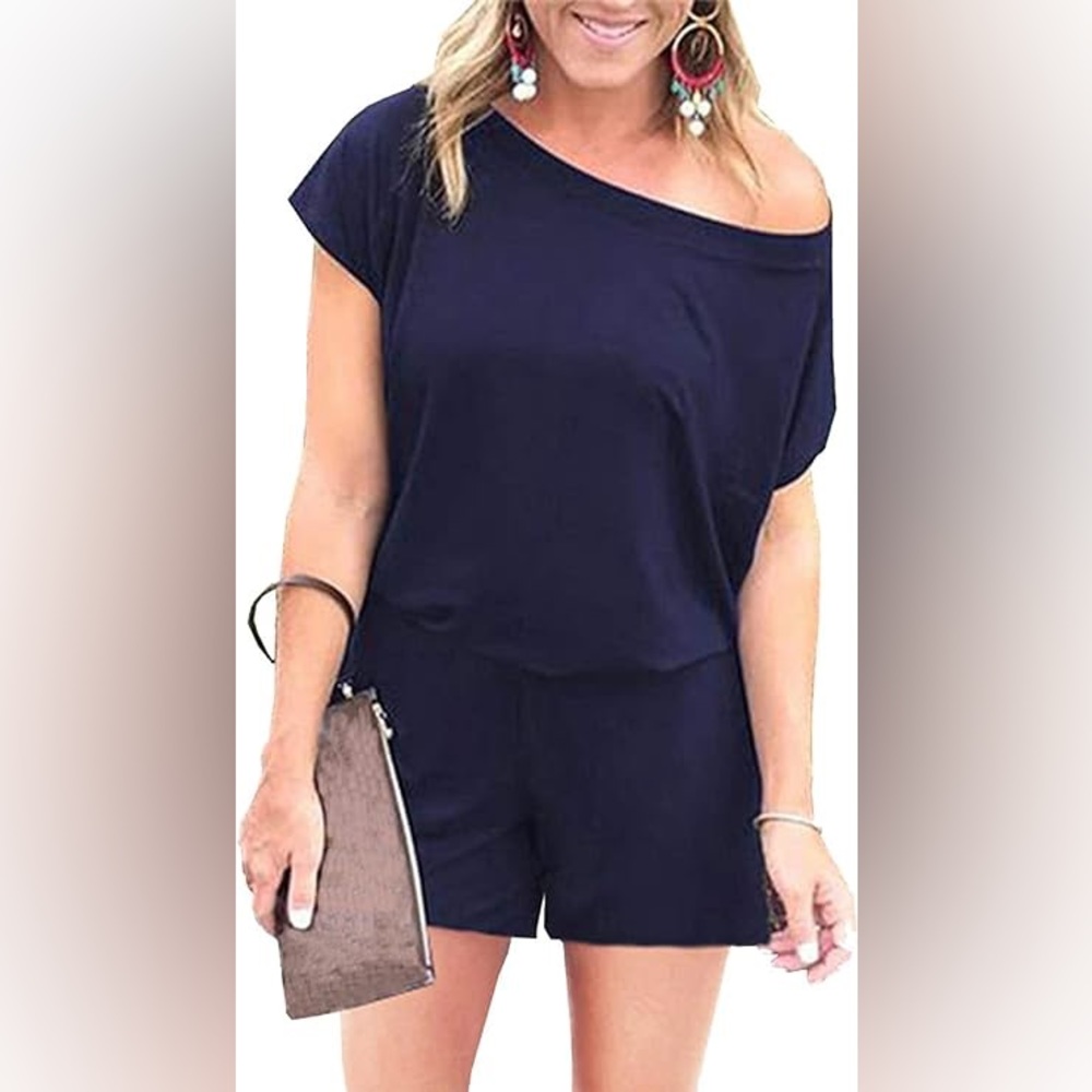 NWT PRETTYGARDEN Off Shoulder Romper Short Sleeve Loose with Pockets
